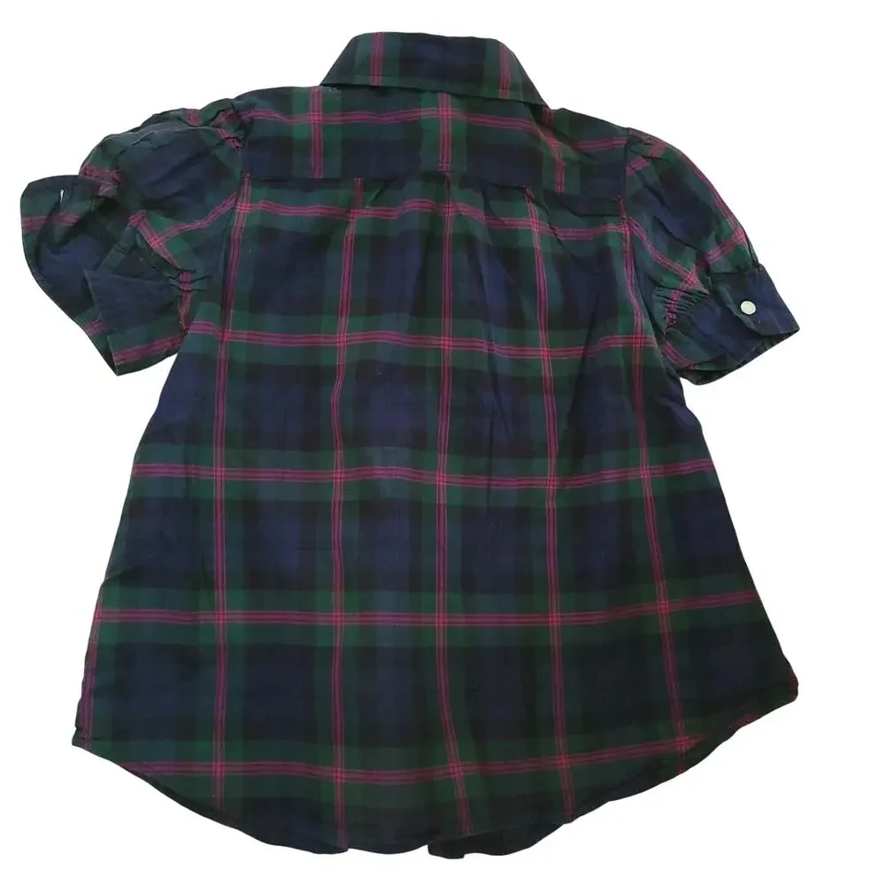 Ralph Lauren Shirt Girls 5 Cotton Plaid Puff Shoulder Pintuck Ruffle Button